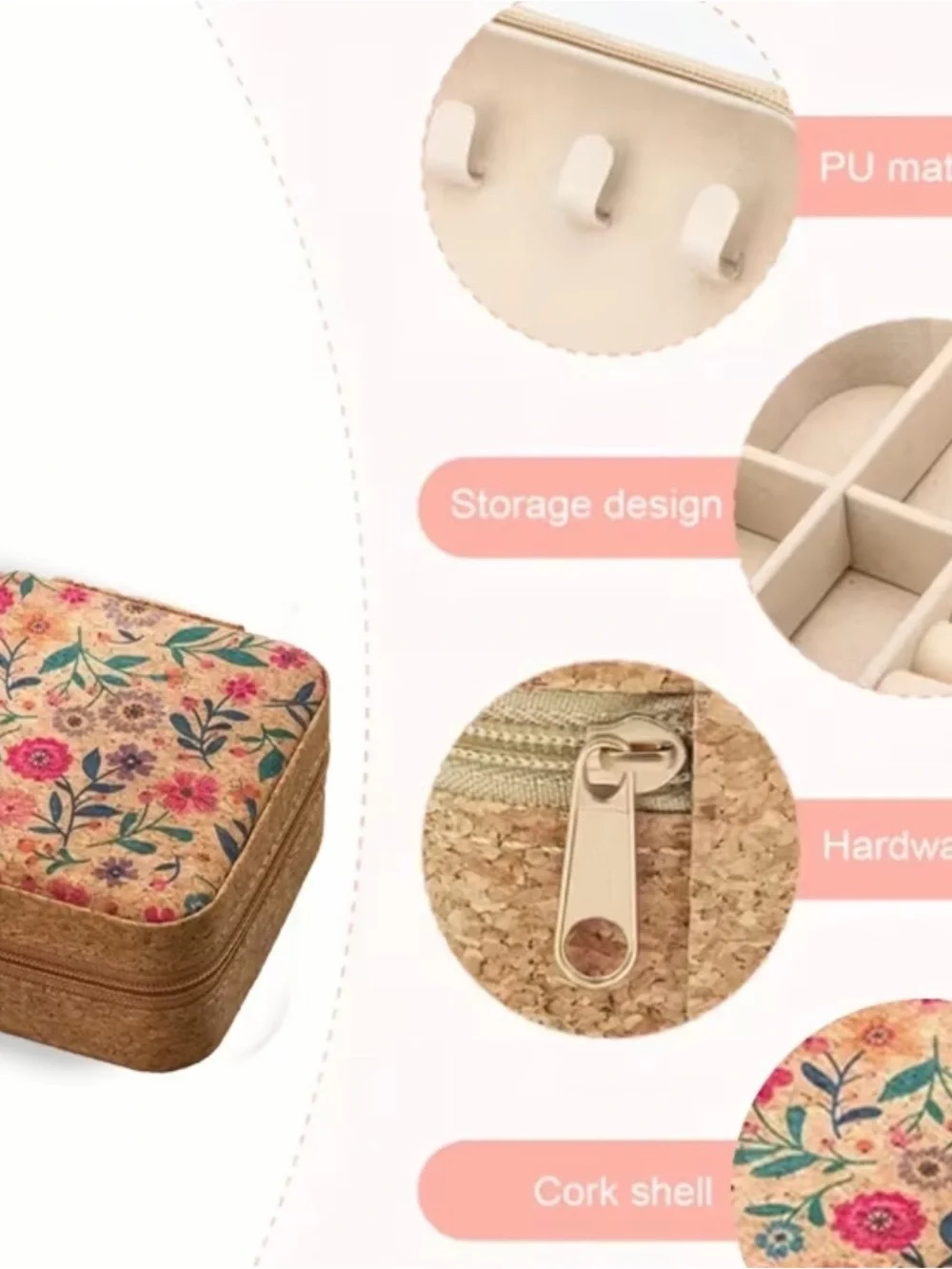 Floral Cork Jewelry Organizer Travel Case - Beige